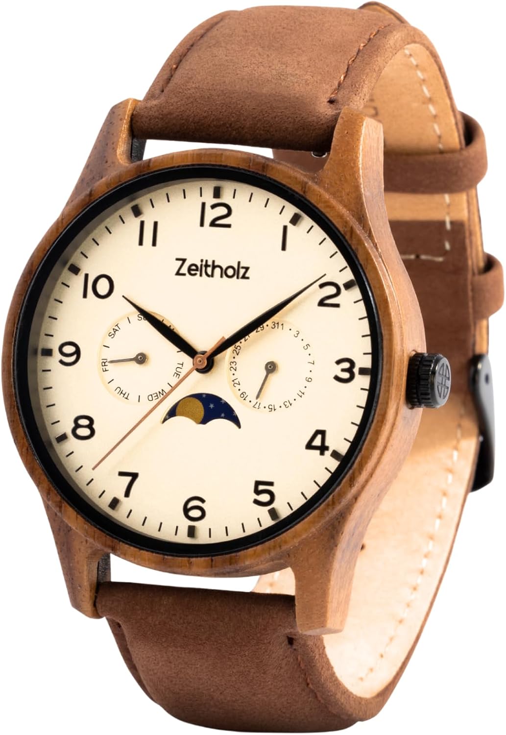 Zeitholz Klitten wooden watch with brown leather strap